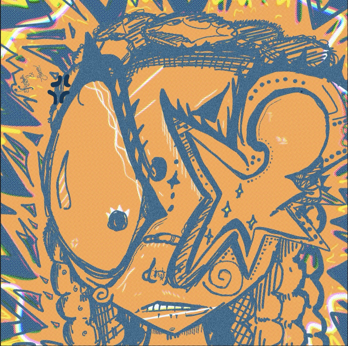 Visage abstrait en trame de points, orange et bleu